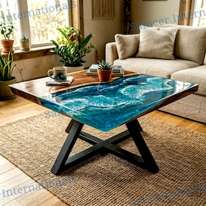 Puede incluir: Mesa de centro cuadrada con tapa de madera y diseño de resina azul que simula olas del océano. La mesa tiene una base de metal negro y está colocada sobre una alfombra tejida. Una taza y pequeñas plantas en macetas están sobre la mesa.