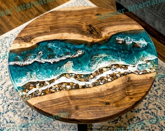 Mesa de centro de lujo con resina epoxi para playa, mesa de resina y madera con temática marina, decoración personalizada para sala de estar costera.