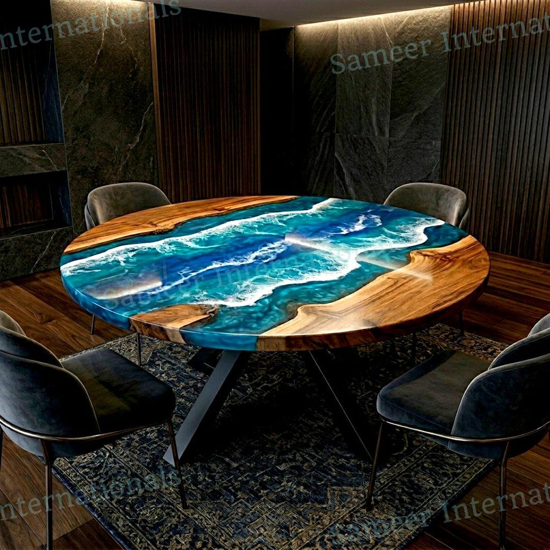 Coastal Acacia Wood Epoxy Dining Table, Round Ocean Wave Coffee Table ...