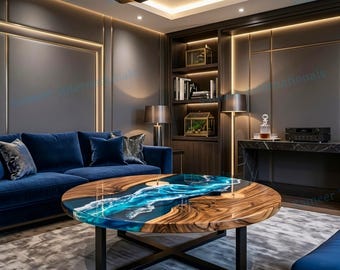 Mesa de centro redonda Blue Ocean Wave, mesa de resina epoxi de madera de acacia, hecha a mano y a medida.