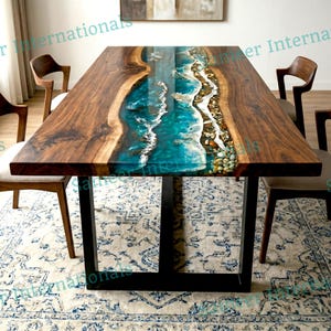 Beach Pebble Ocean Wave Dining Table, Coastal Kitchen Furniture Made to Order