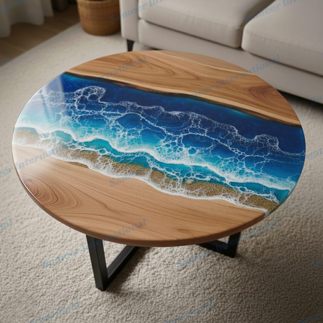 Ocean Wave Epoxy Round Table – Beach Sand Resin Coffee / Dining Table ...