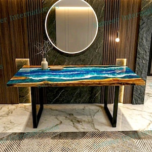Mesa consola de resina epoxi con diseño de olas oceánicas, mesa de centro de resina de madera de acacia costera