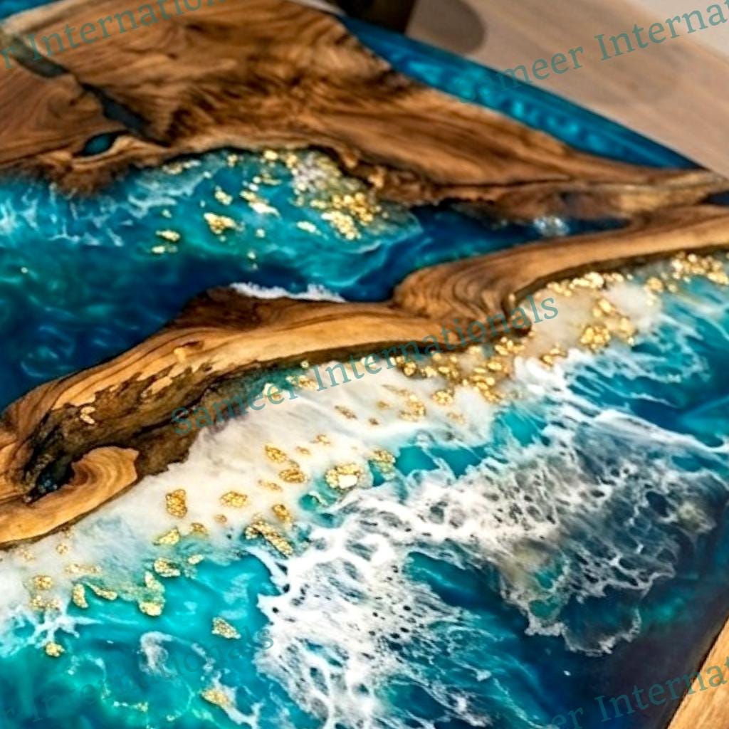 Coastal Ocean Wave Round Coffee Table, Acacia Wood Epoxy Resin ...