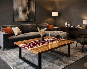 Mesa de centro de resina epoxi roja, madera de acacia con diseño de olas marinas blancas, muebles de salón hechos a mano.