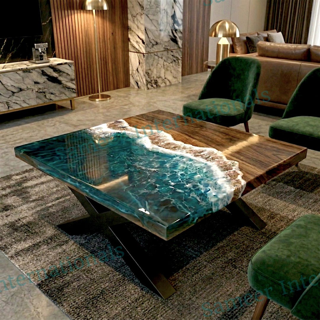 Turquoise Epoxy Wave Coffee Table, Acacia Wood Square Table, Ocean ...