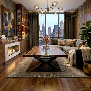 Puede incluir: Un salón lujoso con un diseño moderno. Cuenta con una mesa de centro de madera, un sofá seccional gris, una chimenea y una gran ventana con vistas a la ciudad. La habitación está decorada con una alfombra, cortinas y una lámpara de araña.