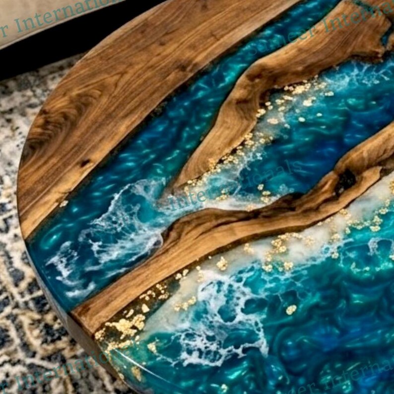 Coastal Ocean Wave Round Coffee Table, Acacia Wood Epoxy Resin ...
