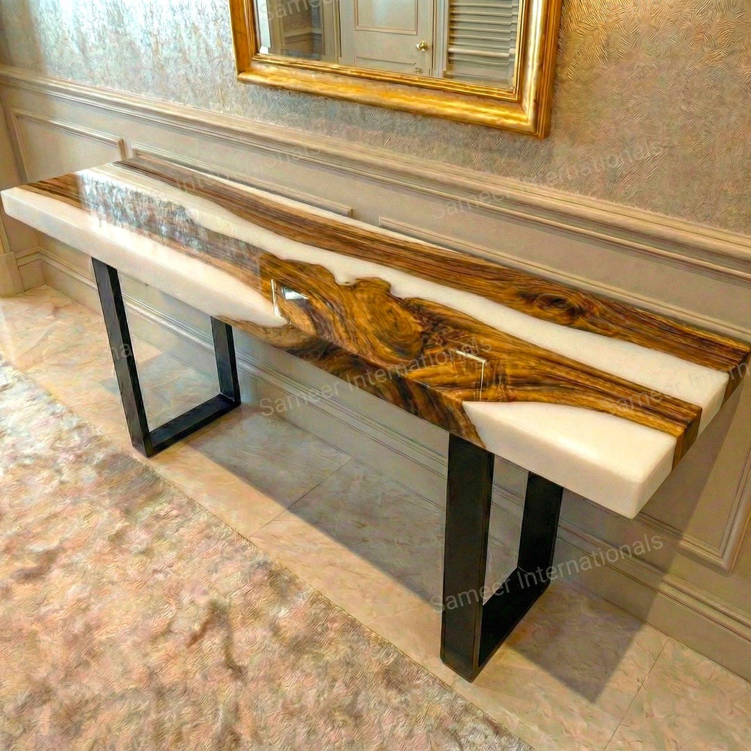 Custom White Epoxy Resin Console Table, Solid Acacia Wood Entryway ...