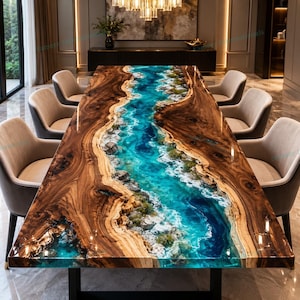 May include: A large rectangular dining table featuring a live-edge wood slab with a central river design made of blue and turquoise resin, incorporating white foam effects and embedded stone textures, surrounded by six upholstered chairs.