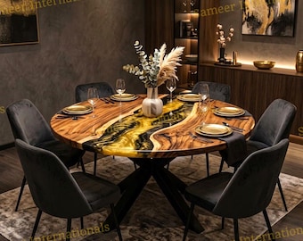 Mesa de comedor Black Wave de resina epoxi dorada, mesa de resina de madera de acacia, muebles modernos hechos a mano a medida.