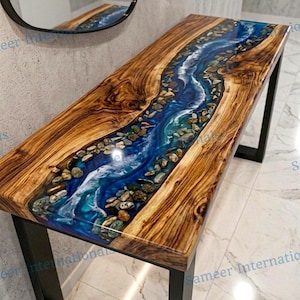 Custom Ocean Blue Epoxy Console, Acacia Wood with River Stone Design, Luxury Entryway Table