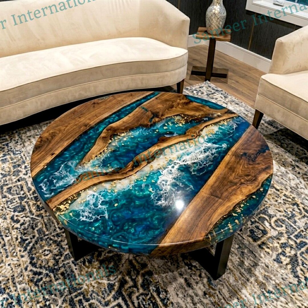 Coastal Ocean Wave Round Coffee Table, Acacia Wood Epoxy Resin ...