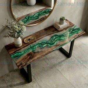 Consola de resina verde oscuro: elegante y minimalista mueble de entrada. Moderna mesa de río de resina epoxi personalizada.