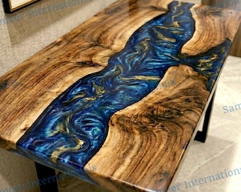 Mesa consola personalizada de resina epoxi azul marino y dorada, mueble artesanal de madera de acacia, hecha a medida.