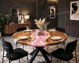 Pink Epoxy Resin Dining Table, Acacia Wood Round Table, Handmade Custom Furniture