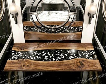 Custom Made Black White Riverstone Epoxy Console Table Acacia Wood Hallway Piece