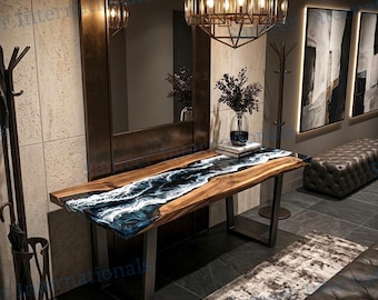 Navy Blue Ocean Wave Console Table, Acacia Wood Epoxy Entryway Table, Made to Order