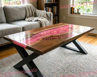 Mesa de centro de resina epoxi rosa hecha a medida, muebles modernos de madera de acacia hechos a mano para sala de estar.