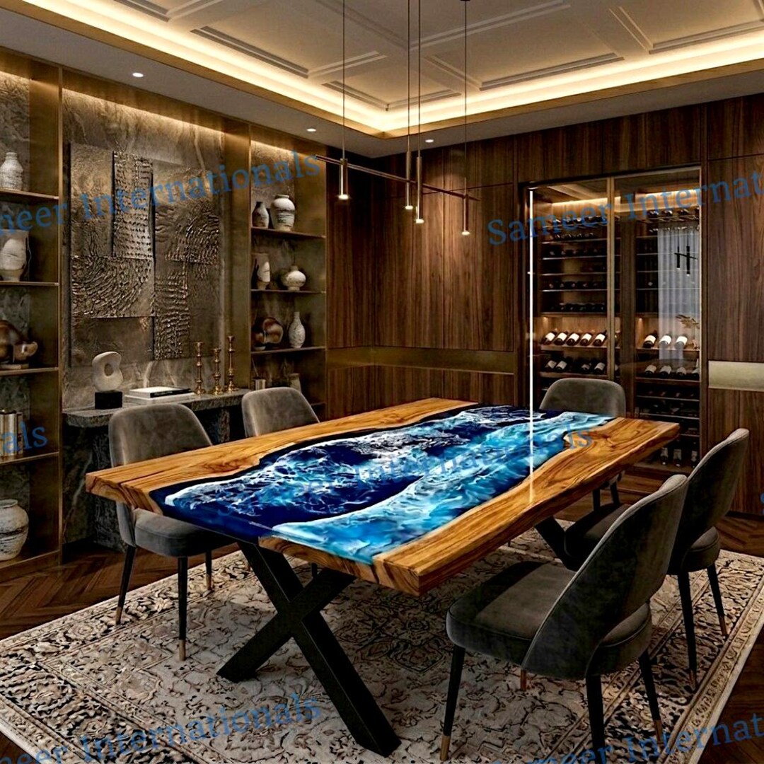 Ocean Waves Epoxy Dining Table, Acacia Wood Handmade Coastal Furniture ...