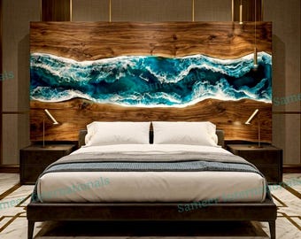 Teal Green Ocean Wave Epoxy Kopfteil Akazienholz Maßgeschneiderte Harz Küstenmöbel