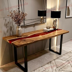 Red Epoxy River Console Table, Acacia Wood Handmade Entryway Table, Custom Made To Order
