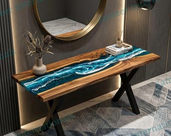Blue Ocean Wave Console Table, Coastal Epoxy Resin Entryway Table, Custom Made to Order