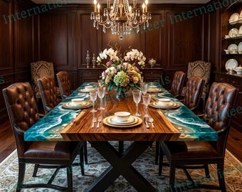Acacia Wood Ocean Wave Dining Table, Beach Epoxy Resin Kitchen Table, Made To Order