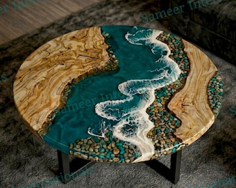Ronde salontafel Ocean Wave blauwgroene hars met rivierstenen, op maat gemaakt