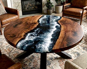 Black Ocean Epoxy River Table Round Acacia Wood Coffee Dining Table Custom Handmade