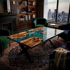 May include: A rectangular dining table featuring a live edge wood slab surface with a central river-like inlay of translucent blue resin. The table is supported by a black metal X-shaped base and is positioned in a room with dark wood shelving.