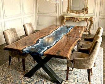 Navy Blue Ocean Wave Epoxy Table Acacia Wood Dining Table Custom Made To Order