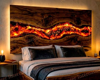 Lava Design Epoxy Headboard Akazie Holz, handgemachtes Bett Rückwand, Harz Möbel