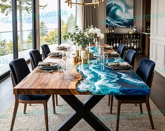 Coastal Epoxy Resin Dining Table, Acacia Wood River Modern Kitchen Table, Made to Order