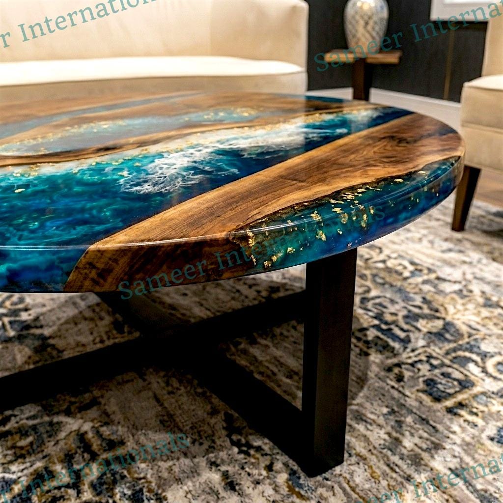 Coastal Ocean Wave Round Coffee Table, Acacia Wood Epoxy Resin ...