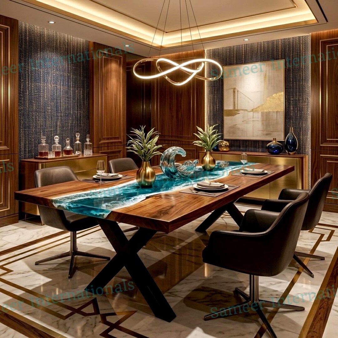 Ocean Wave Teal Blue Epoxy Dining Table, Acacia Wood Ocean Design ...