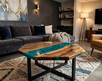 Teal Epoxy Resin Coffee Table, Acacia Wood Octagon Table, Handmade Custom Furniture