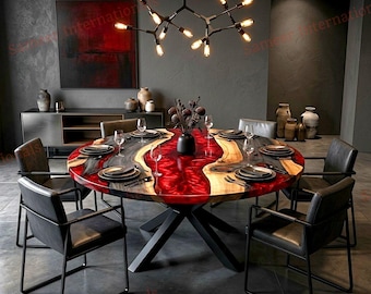 Mesa redonda de epoxi rojo metalizado, mesa de comedor/centro de madera de acacia, hecha a medida.