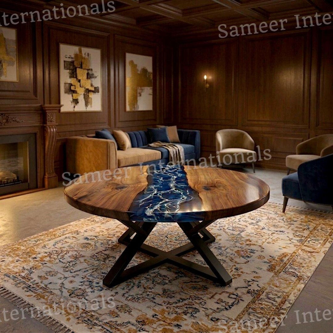 Dark Blue Epoxy Ocean Wave Round Coffee Dining Custom Made Table - Etsy