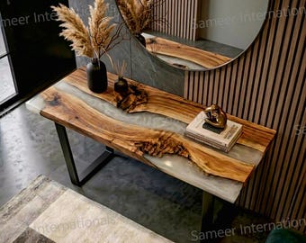Mesa consola de resina epoxi gris nublada, mesa con efecto niebla de madera de acacia, entrada hecha a medida