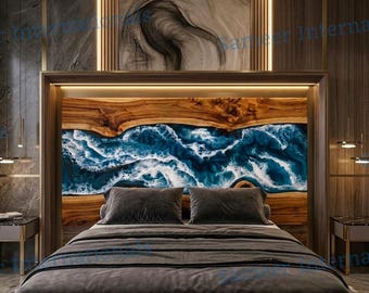 Coastal Epoxy Resin Headboard, Acacia Wood Ocean Wave Bed, Custom Made To Order