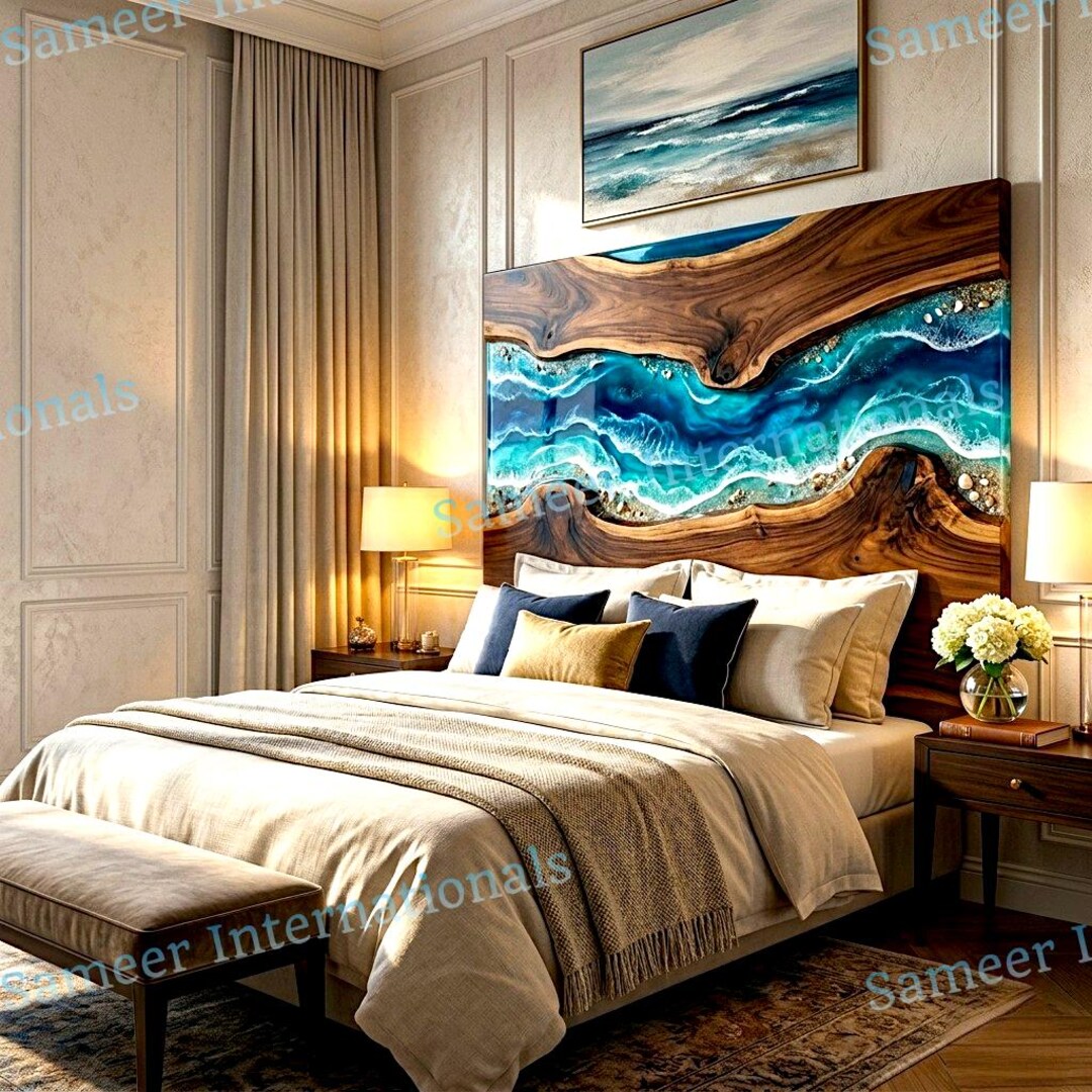 Beach Wave Epoxy Headboard Acacia Wood, Ocean Resin Bed Backboard ...