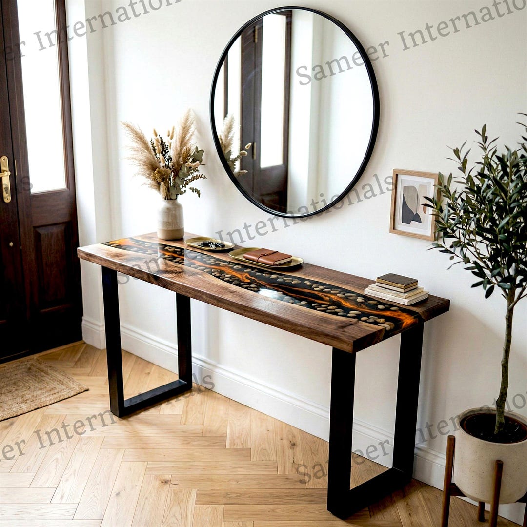 Black Epoxy River Console Table With Fiery Orange Lava Effect ...