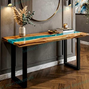 Handmade Turquoise Epoxy Console Table, Solid Acacia Wood River Table, Custom Modern Entryway Furniture