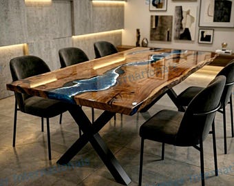 Ocean Wave Epoxy Resin River Live Edge Dining Table Coastal Style Conference & Kitchen Table
