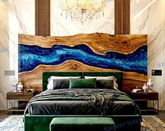 Testiera in resina blu oceano, pannello letto con bordo naturale a onda oceanica, realizzato su misura.
