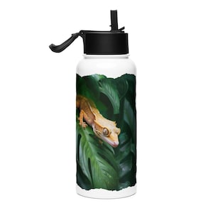 Puede incluir: Botella de agua blanca con tapa y asa negras. La botella presenta una imagen vibrante de un gecko sobre una hoja verde. El gecko es de color naranja claro y marrón. El fondo es verde oscuro.