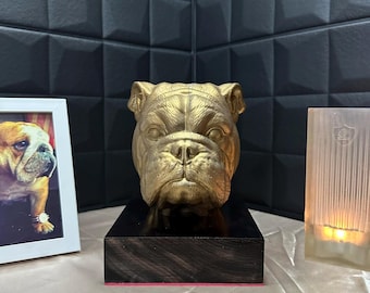 Urna conmemorativa de bulldog inglés - Goldfinger - Recuerdo para cenizas de mascotas con base de madera