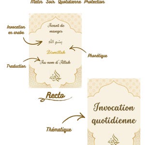 May include: Image of beige cards with Arabic text and translations. The cards have decorative borders and feature phrases like "Invocation" and "Bismillah." The text is in brown and the cards are labelled "Recto" and "Verso."
