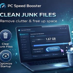 May include: A laptop screen displays a PC Speed Booster interface with the text "CLEAN JUNK FILES". The interface shows options to clear junk files and optimize startup, with a "Deep Clean" button and a trash can icon.